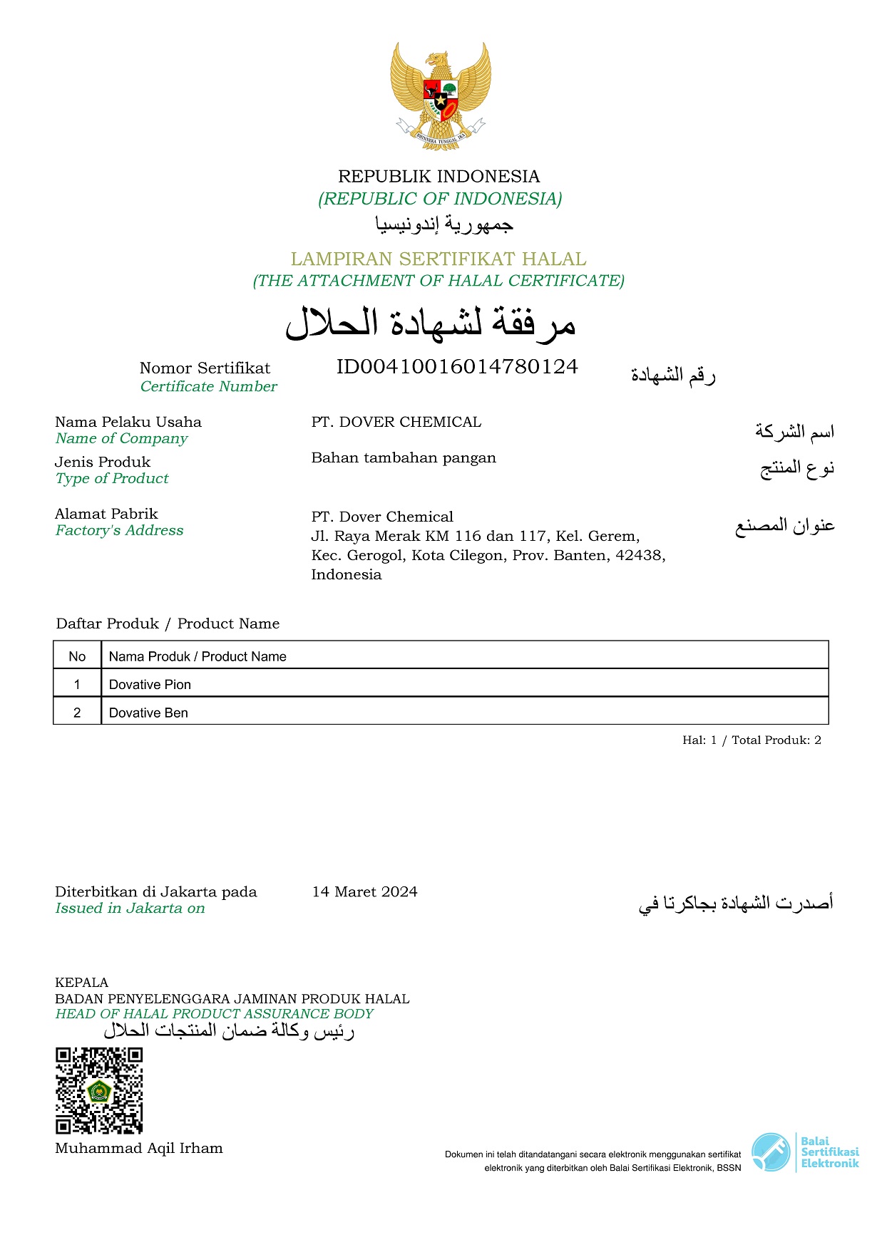 Halal Certificate of Food Additives - Dovative Pion and Dovative Ben